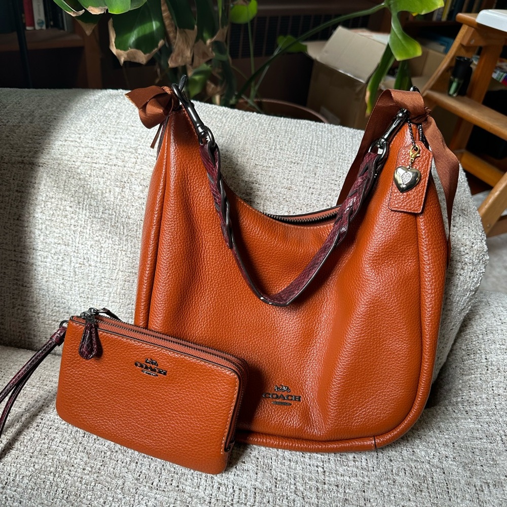 Coach Pebbled Leather Shoulder Bag and Wristlet in Saddle